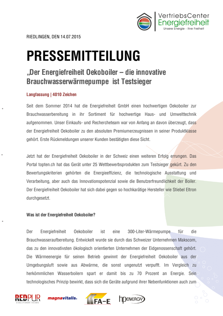 Der Energiefreiheit Oekoboiler – die innovative Brauchwasserwärmepumpe ist Testsieger