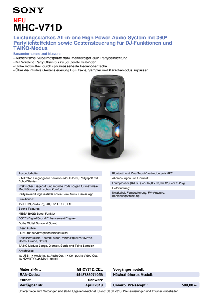 Datenblatt Audio System MHC-V71D von Sony