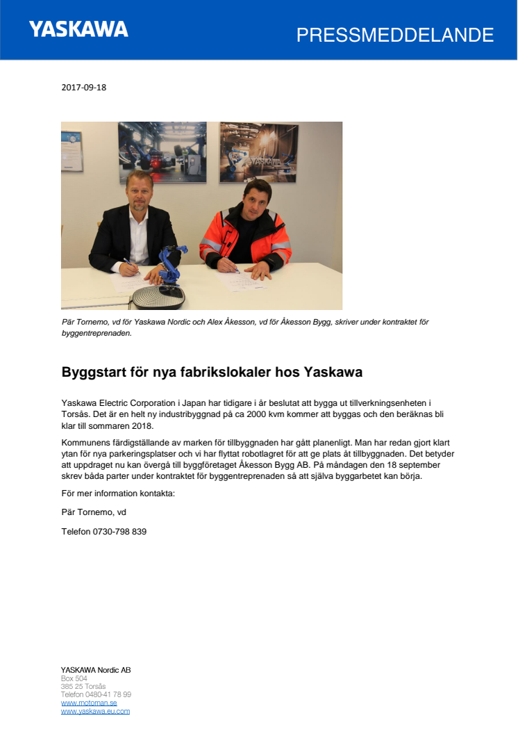 Byggstart för nya fabrikslokaler hos Yaskawa 