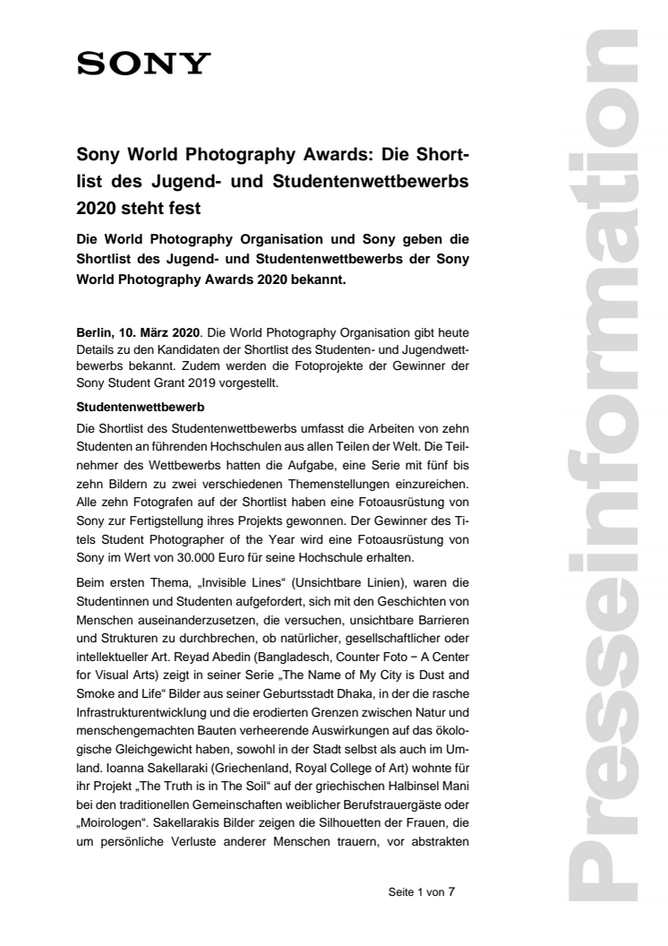 Sony World Photography Awards: Die Shortlist des Jugend- und Studentenwettbewerbs 2020 steht fest