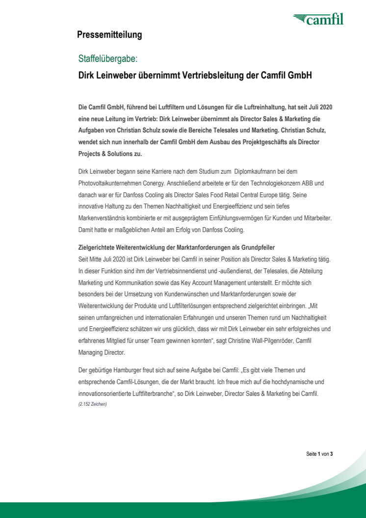 Staffelübergabe: Dirk Leinweber übernimmt Vertriebsleitung der Camfil GmbH