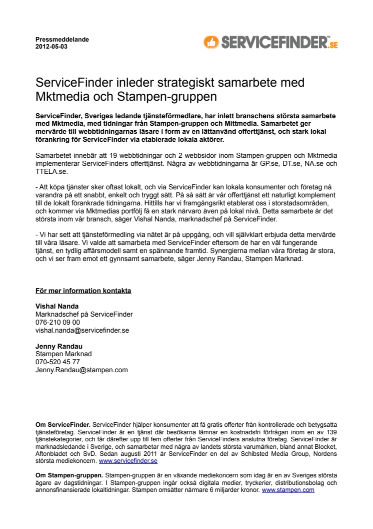 ServiceFinder inleder strategiskt samarbete med  Mktmedia och Stampen-gruppen