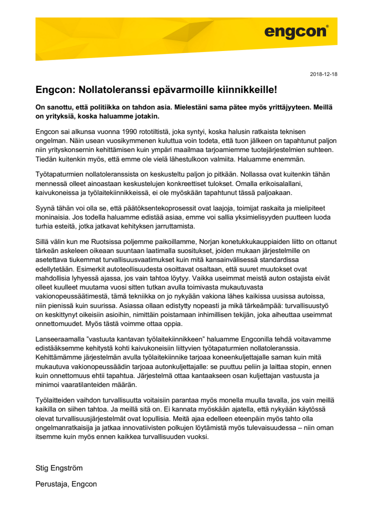 Engcon: Nollatoleranssi epävarmoille kiinnikkeille!