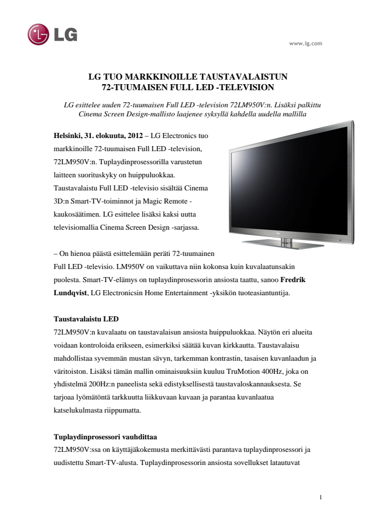 IFA 2012: LG tuo markkinoille taustavalaistun 72-tuumaisen Full LED -television