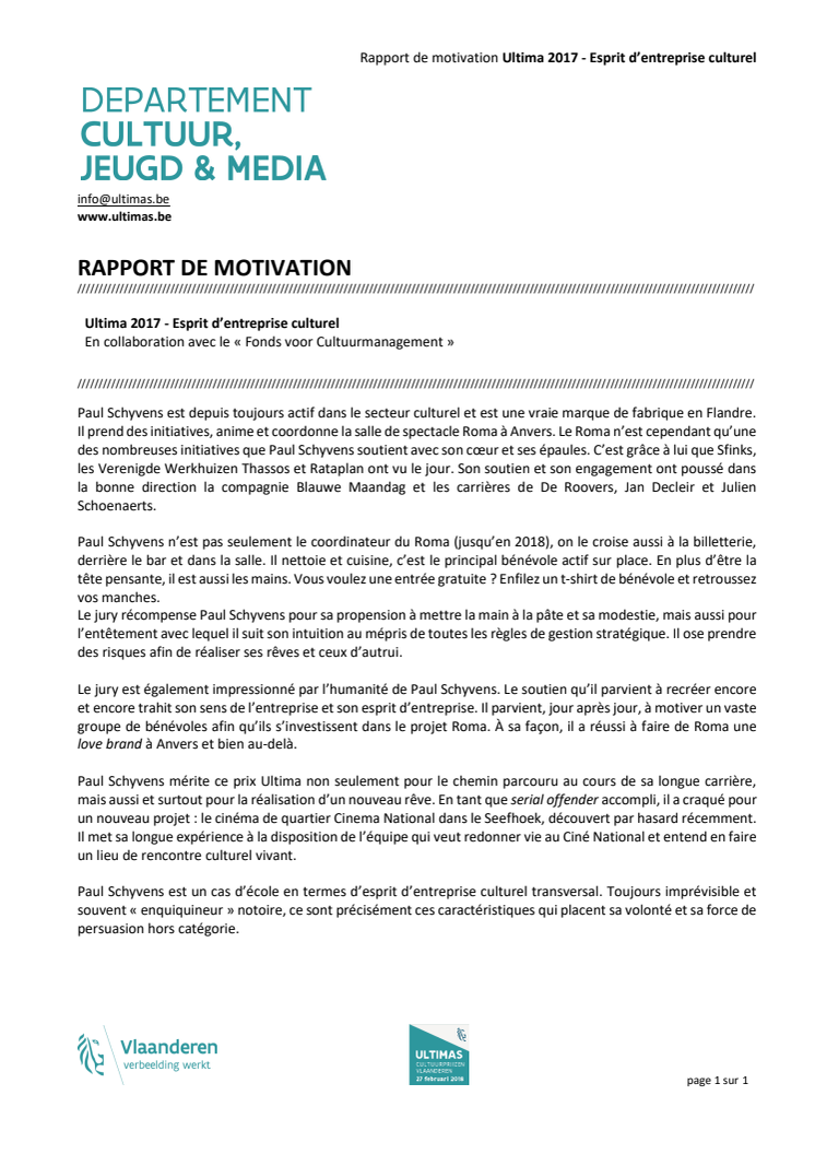 Rapport de motivation Ultimas 2017 - Esprit d’entreprise culturel