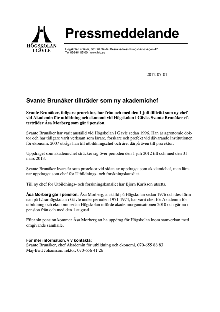 Svante Brunåker tillträder som ny akademichef