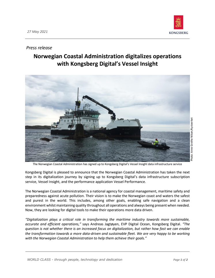 Norwegian Coastal Administration digitalizes operations with Kongsberg Digital’s Vessel Insight