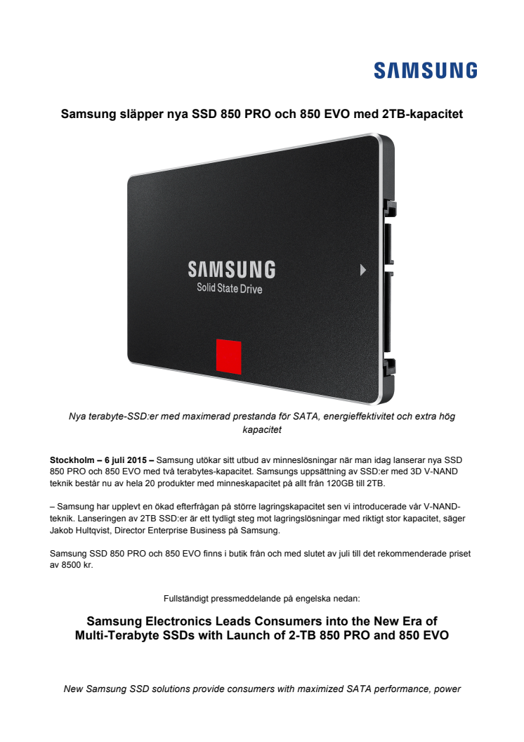 Samsung släpper nya SSD 850 PRO och 850 EVO med 2TB-kapacitet