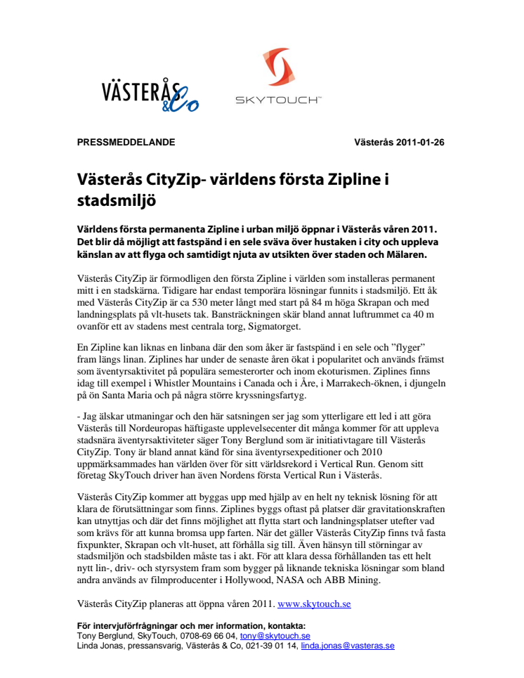 Västerås CityZip- världens första Zipline i stadsmiljö 