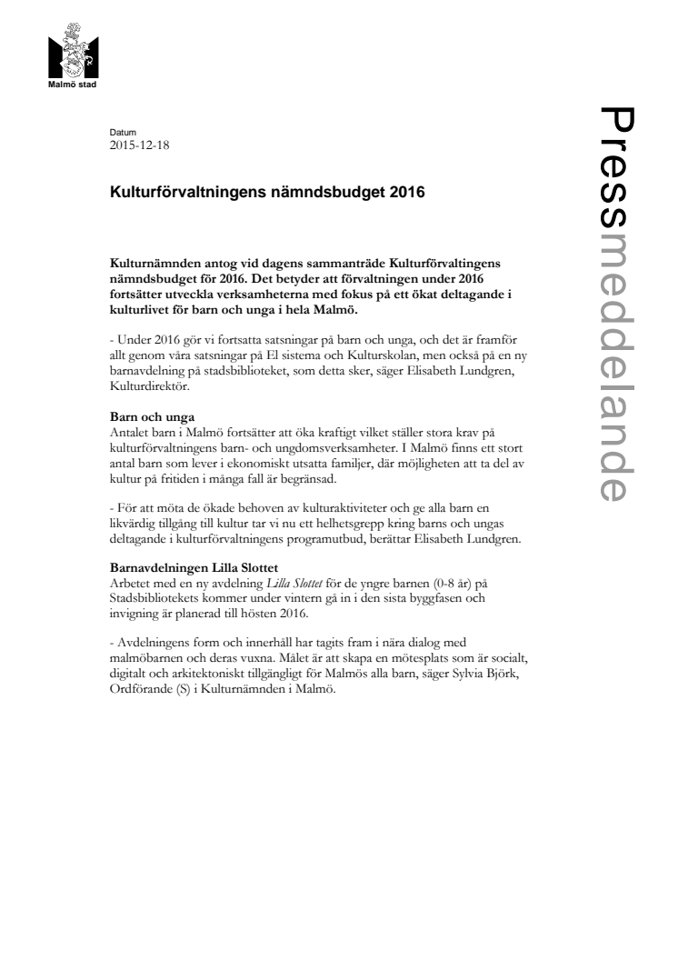 Kulturförvaltningens nämndsbudget 2016