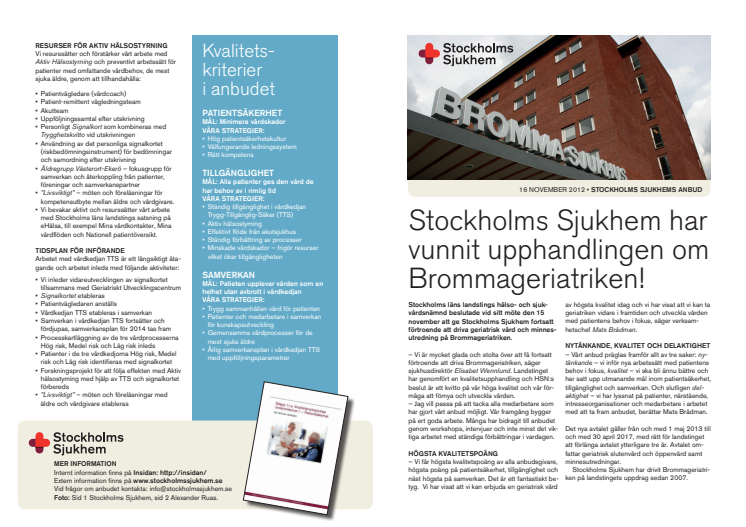 Stockholms Sjukhems anbud på Brommageriatriken