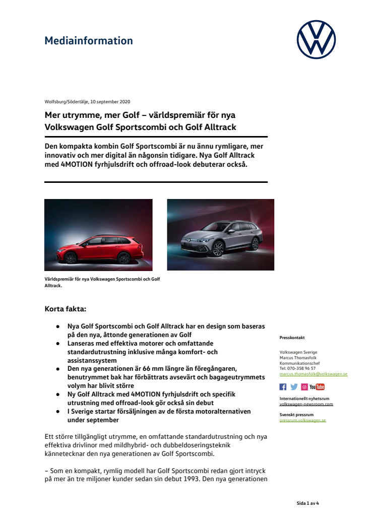 Mer utrymme, mer Golf – världspremiär för nya Volkswagen Golf Sportscombi och Golf Alltrack