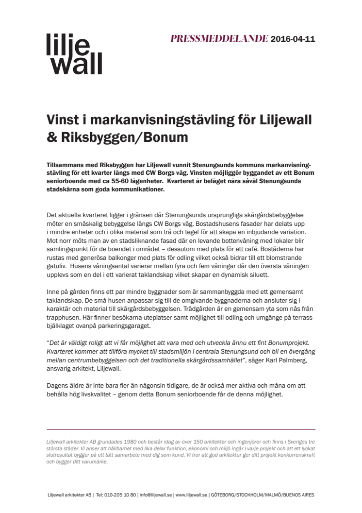 Vinst i markanvisningstävling för Liljewall & Riksbyggen/Bonum