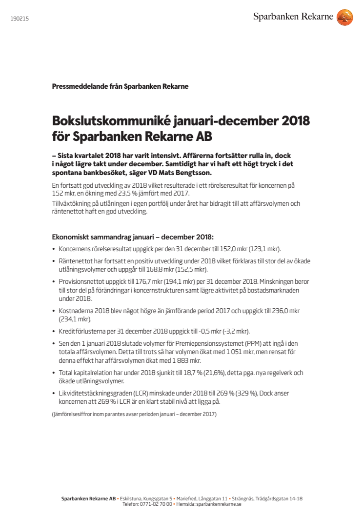 Bokslutskommuniké januari-december 2018 för Sparbanken Rekarne AB