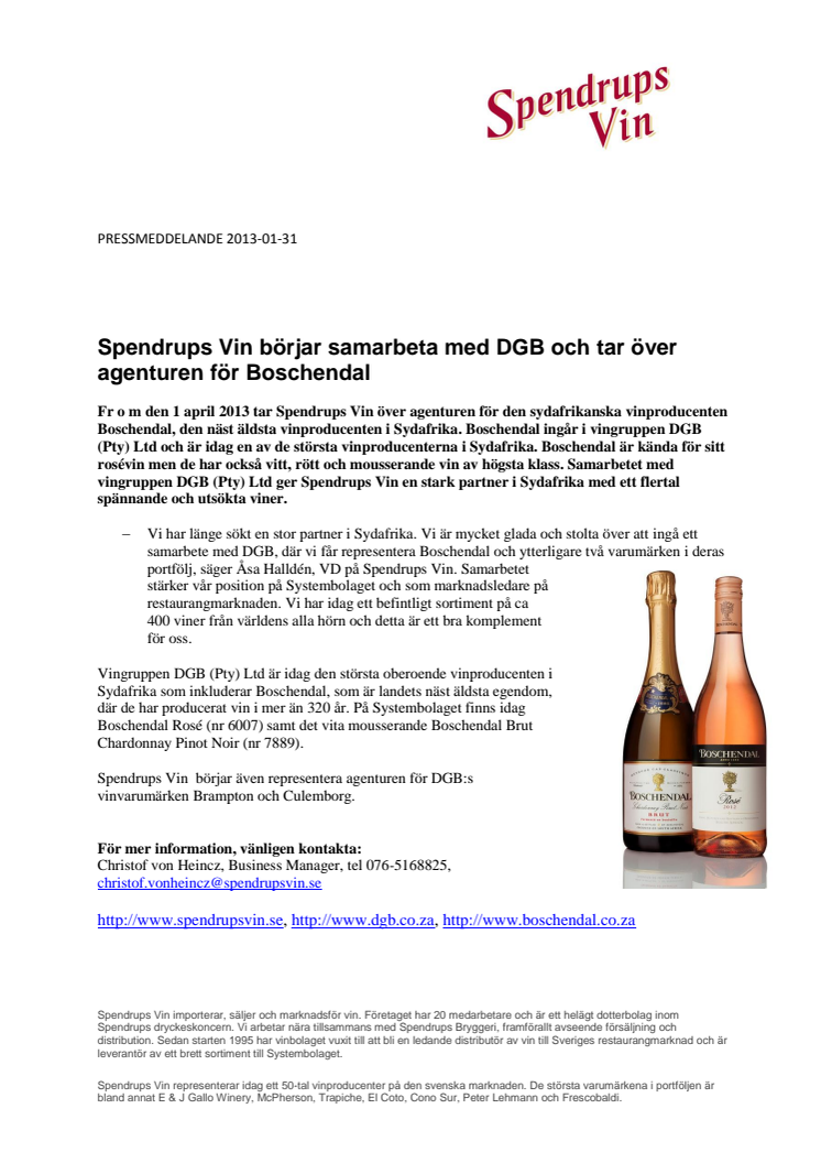 Spendrups Vin börjar samarbeta med DGB och tar över agenturen för Boschendal