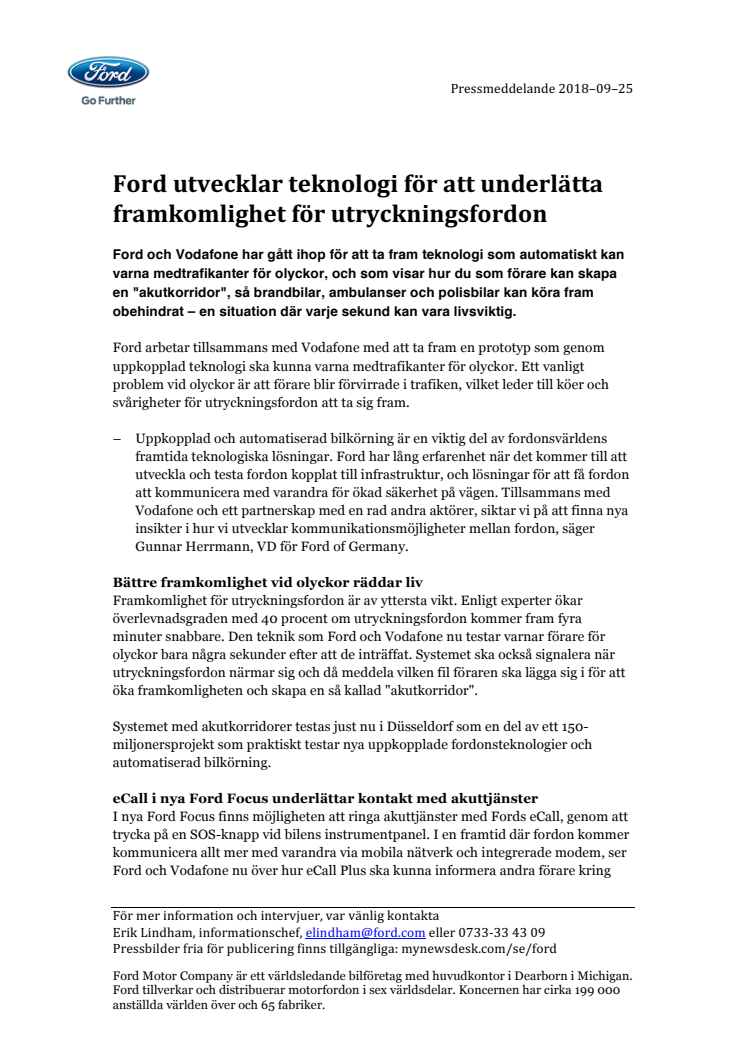 Ford utvecklar teknologi för att underlätta framkomlighet för utryckningsfordon 