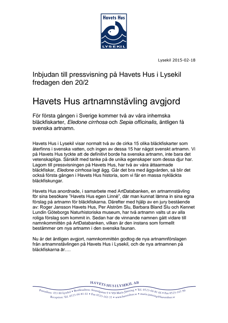 Inbjudan till pressvisning på Havets Hus i Lysekil fredagen den 20/2