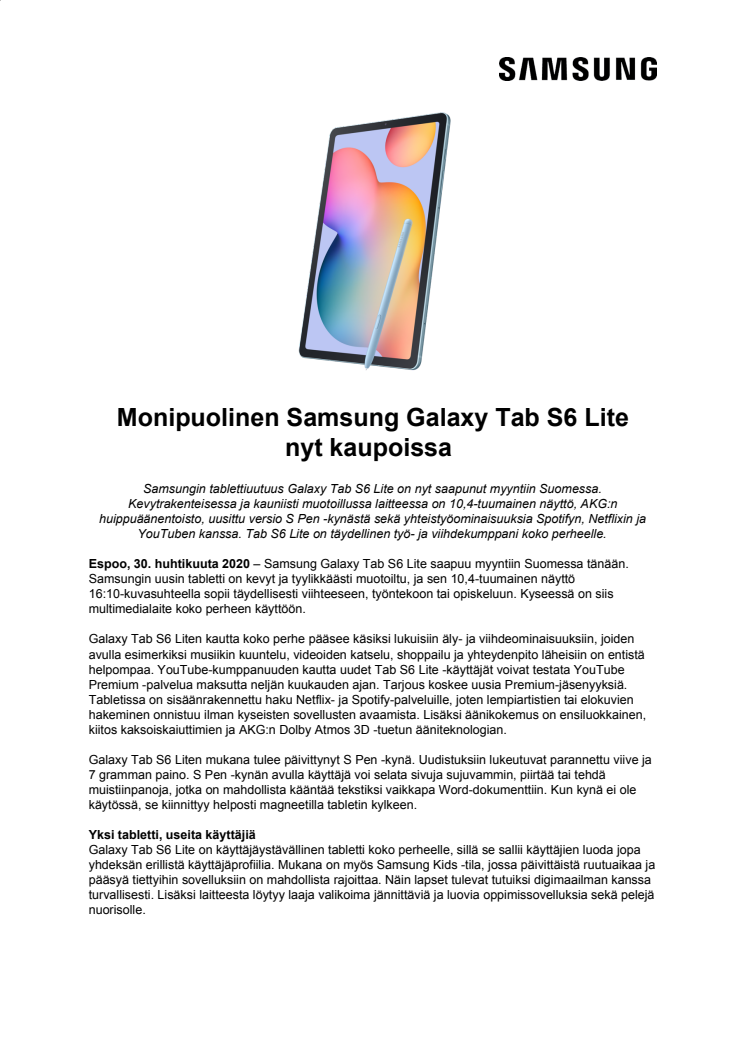 Monipuolinen Samsung Galaxy Tab S6 Lite nyt kaupoissa 