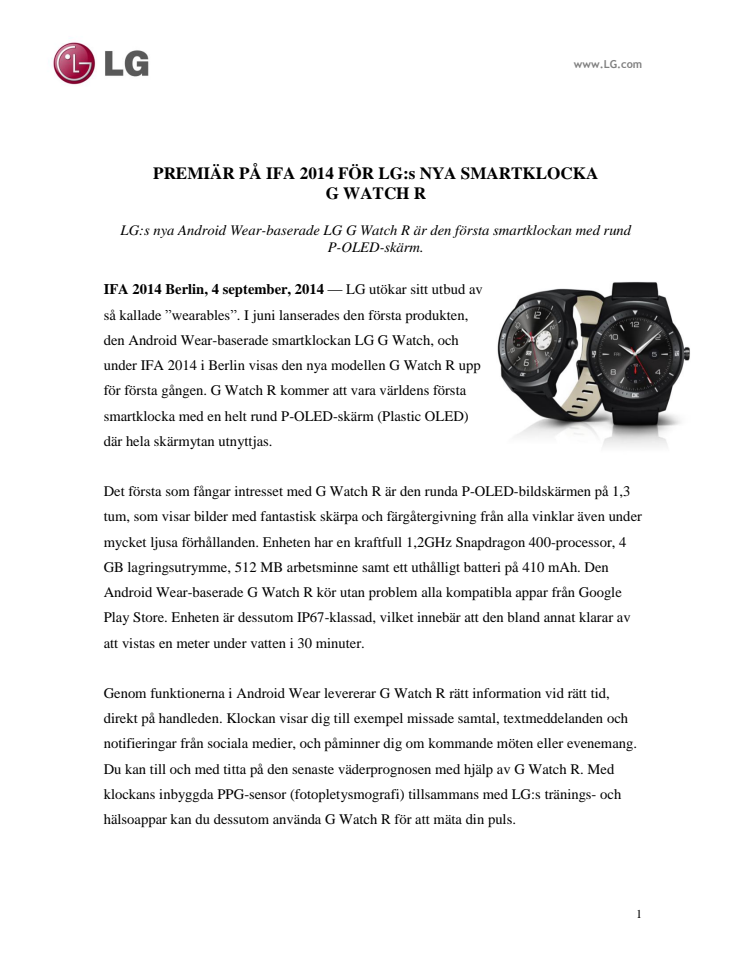 PREMIÄR PÅ IFA 2014 FÖR LG:s NYA SMARTKLOCKA  G WATCH R 