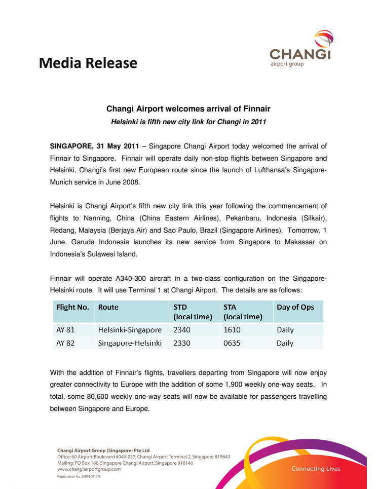 Changi Airport welcomes arrival of Finnair