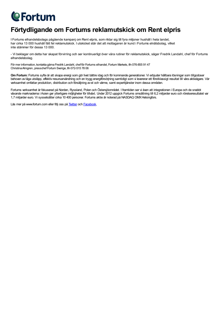 Förtydligande om Fortums reklamutskick om Rent elpris