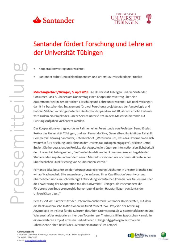 Santander fördert Forschung und Lehre an der Universität Tübingen
