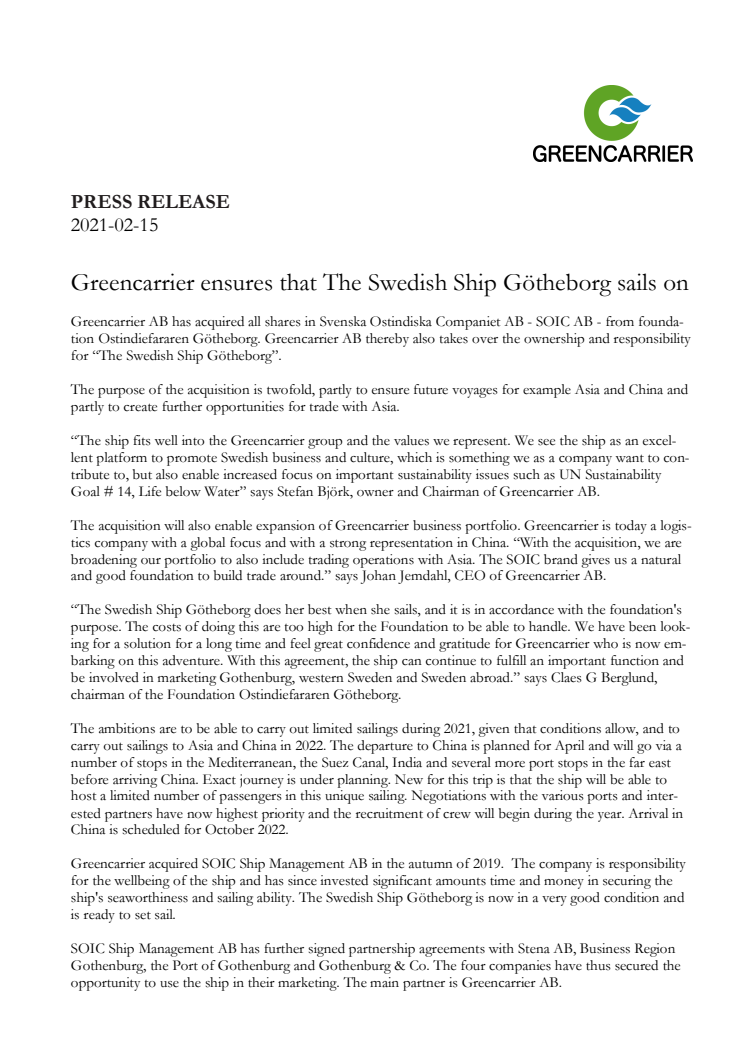Greencarrier ensures that The Swedish Ship Götheborg sails on
