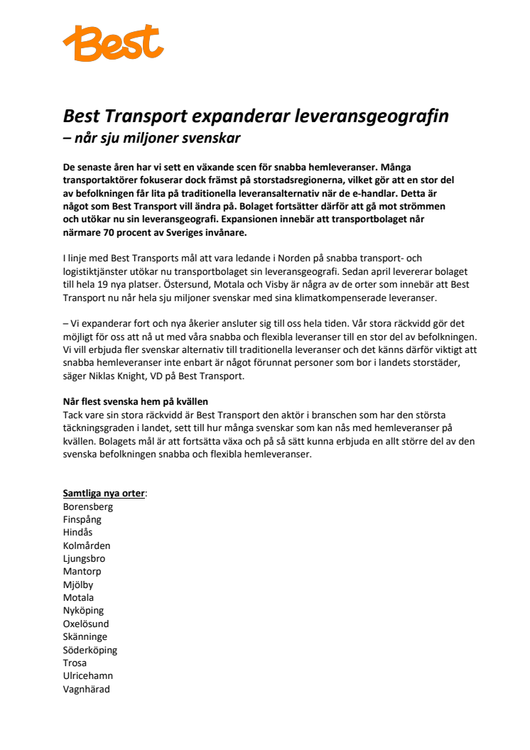 Best Transport expanderar leveransgeografin – når sju miljoner svenskar 