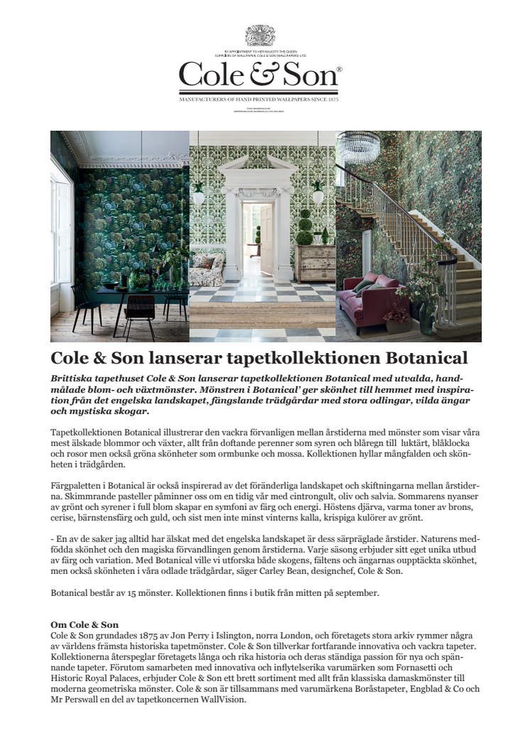 Cole & Son lanserar tapetkollektionen Botanical