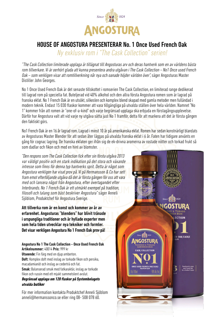ANGOSTURA PRESENTERAR No. 1 2nd Edition Once Used French Oak “The Cask Collection” serien!