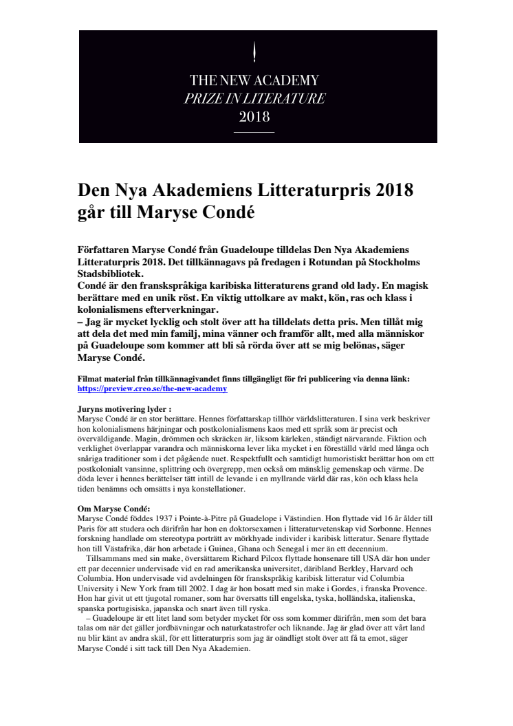 Den Nya Akademiens Litteraturpris 2018 tilldelas Maryse Condé