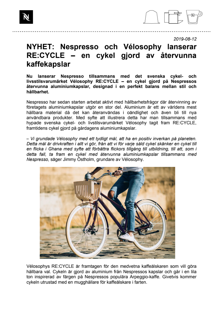 NYHET: Nespresso och Vélosophy lanserar RE:CYCLE – en cykel gjord av återvunna kaffekapslar