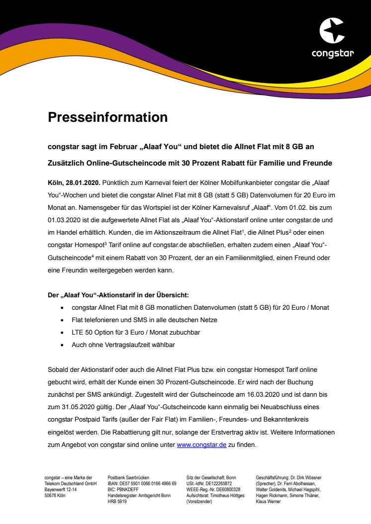 congstar sagt im Februar „Alaaf You“ und bietet die Allnet Flat mit 8 GB an