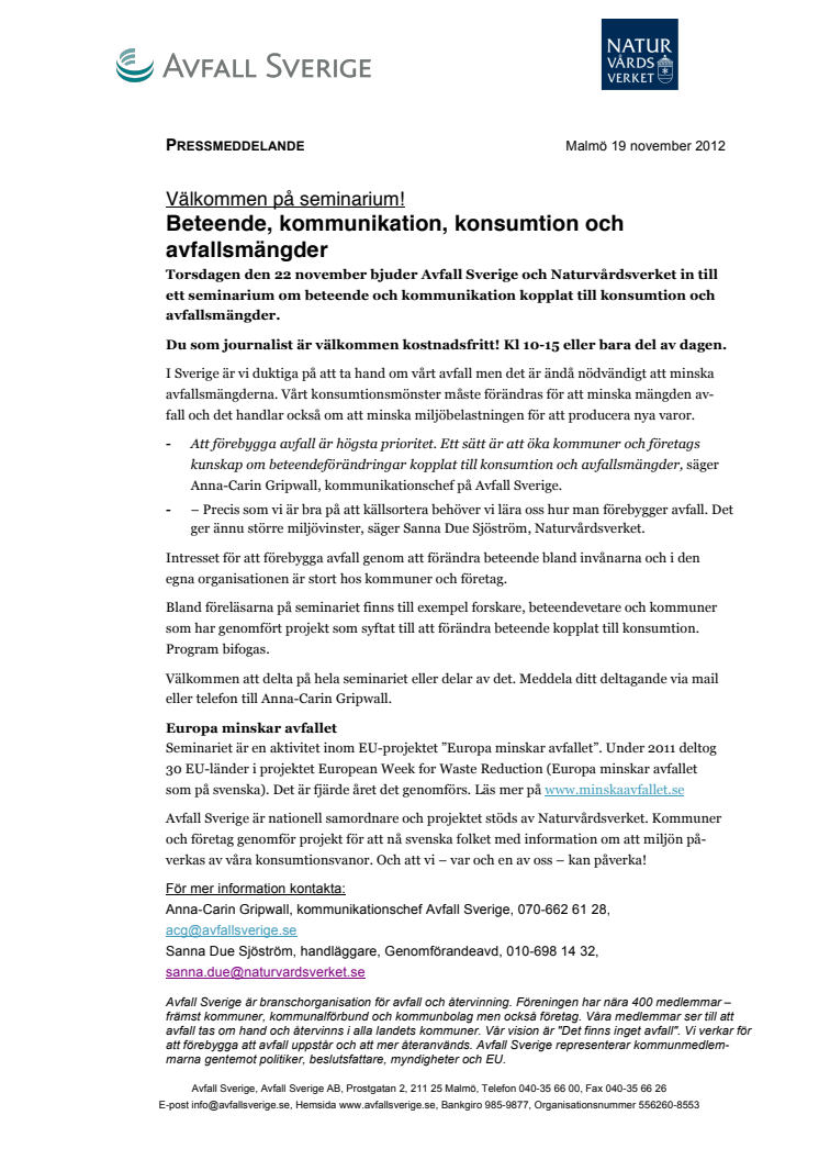 Välkommen på seminarium om beteende, kommunikation, konsumtion och  avfallsmängder 