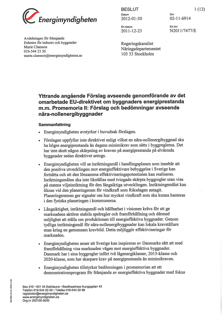 Yttrande: Förslag avseende genomförande av det omarbetade EU-direktivet om byggnaders energiprestanda