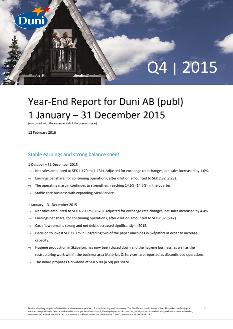 Year-End Report for Duni AB (publ) 1 January – 31 December 2015