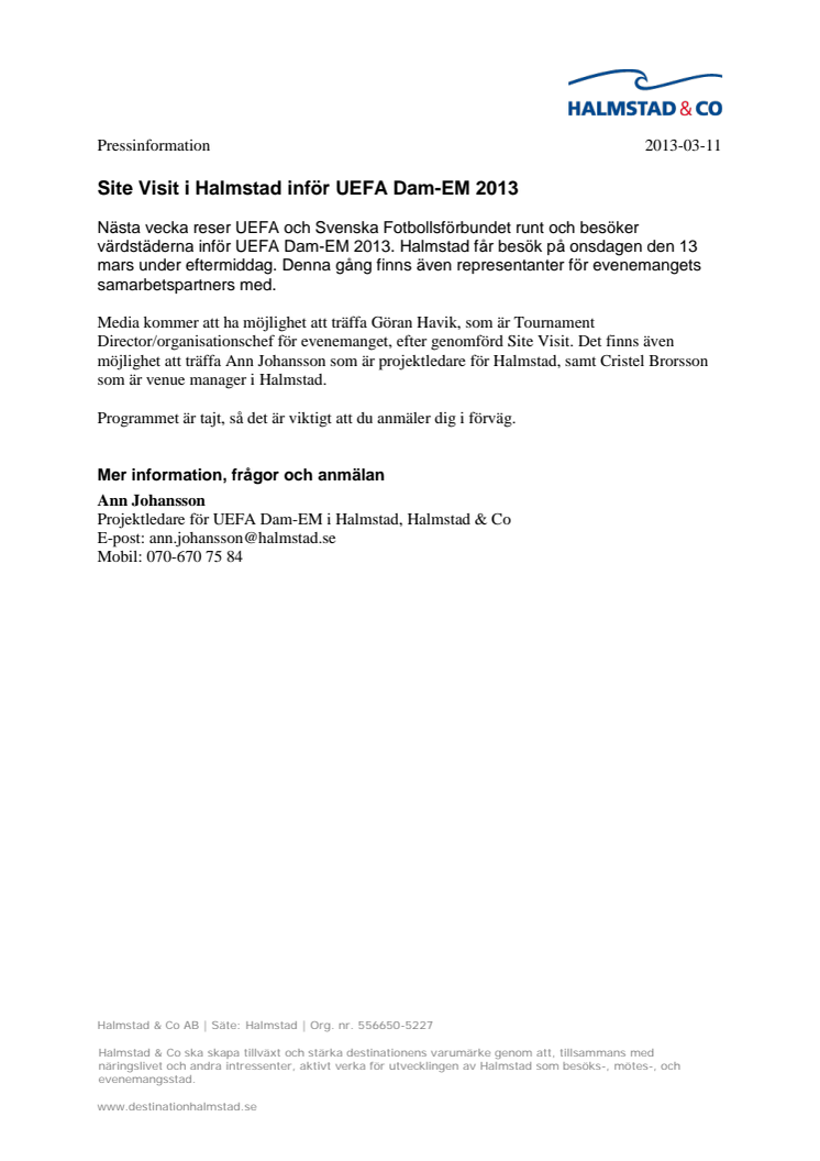 Site Visit i Halmstad inför UEFA Dam-EM 2013