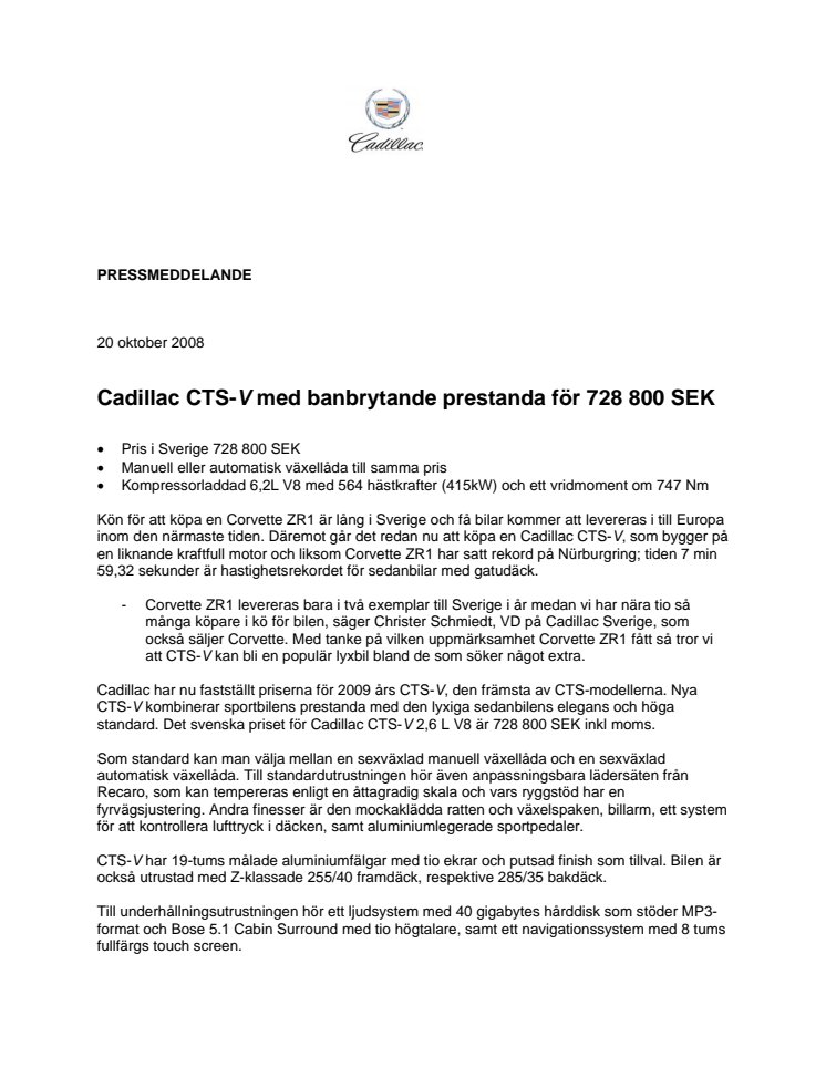 Cadillac CTS-V med banbrytande prestanda för 728 800 SEK