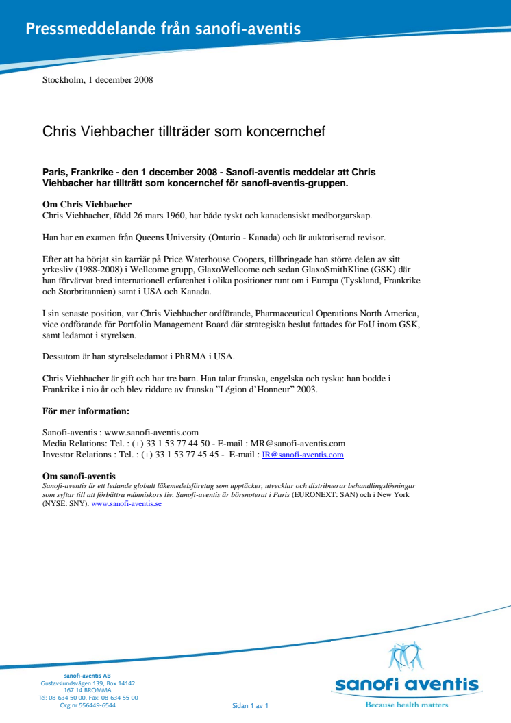 Chris Viehbacher tillträder som koncernchef