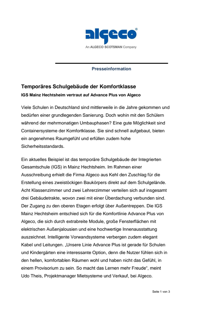 Temporäres Schulgebäude der Komfortklasse