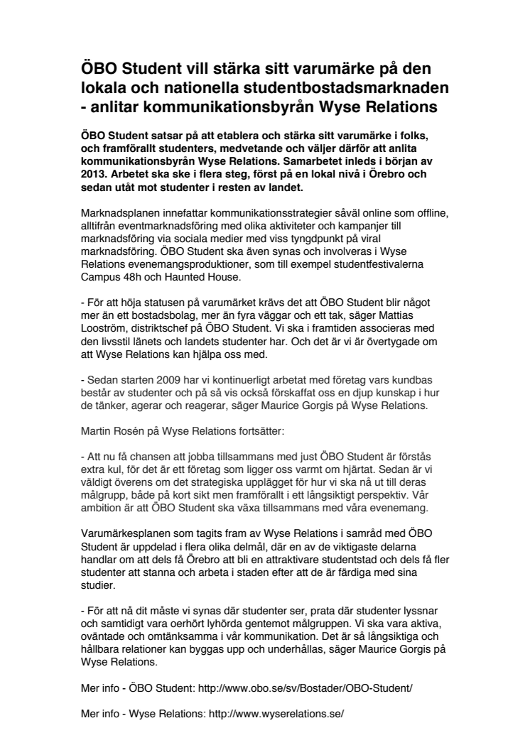 ÖBO Student vill stärka sitt varumärke på den lokala och nationella studentbostadsmarknaden - anlitar kommunikationsbyrån Wyse Relations