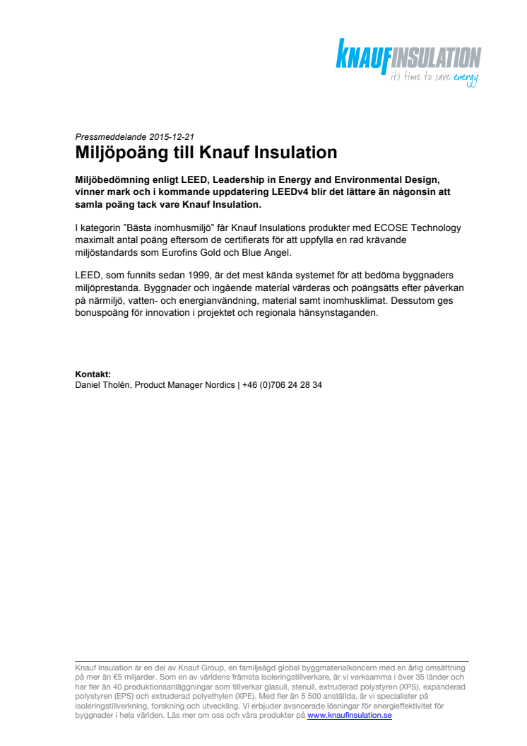 Miljöpoäng till Knauf Insulation