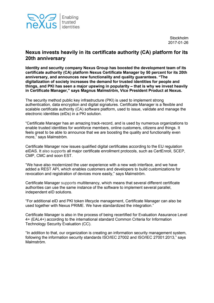 Nexus invests heavily in its certificate authority (CA) platform for its 20th anniversary