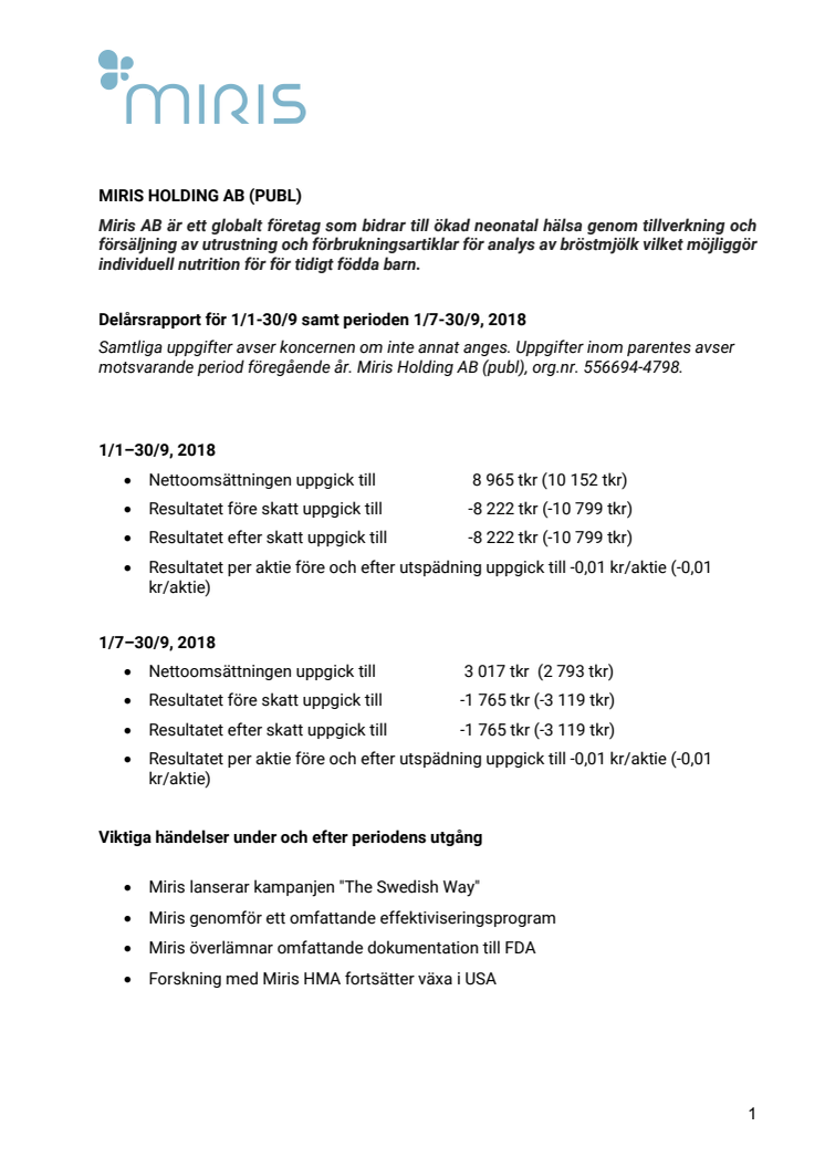 Miris Holding - Delårsrapport för 1/1-30/9 samt perioden 1/7-30/9, 2018