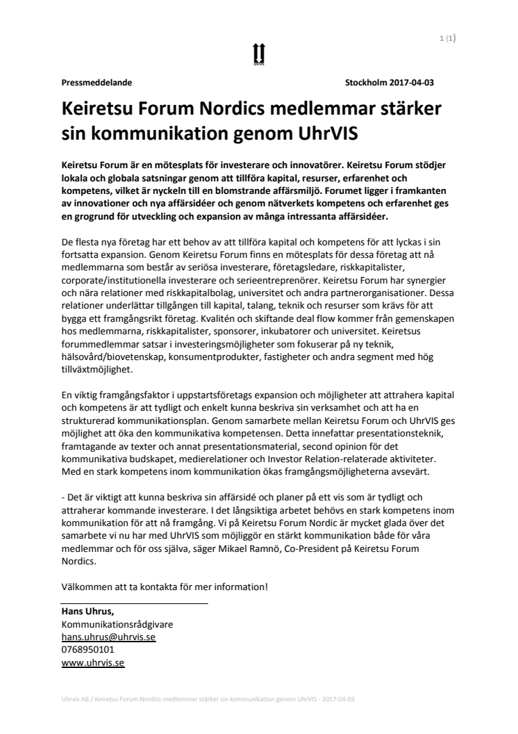 Keiretsu Forum Nordics medlemmar stärker sin kommunikation genom UhrVIS 