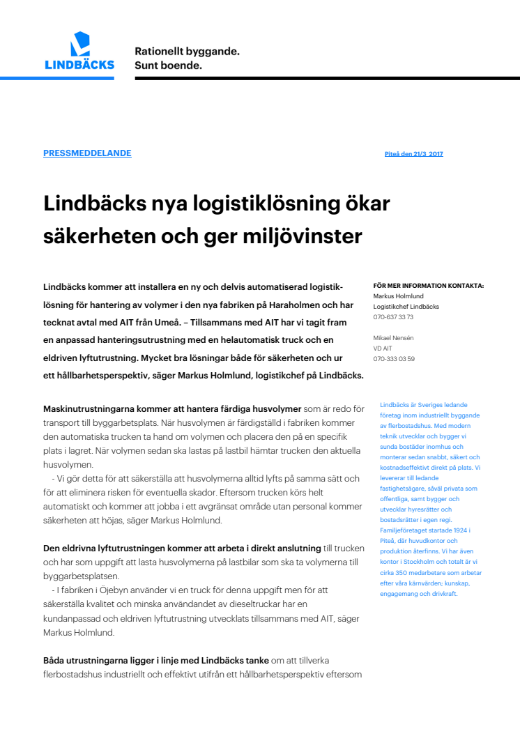 Lindbäcks nya logistiklösning ökar säkerheten och ger miljövinster