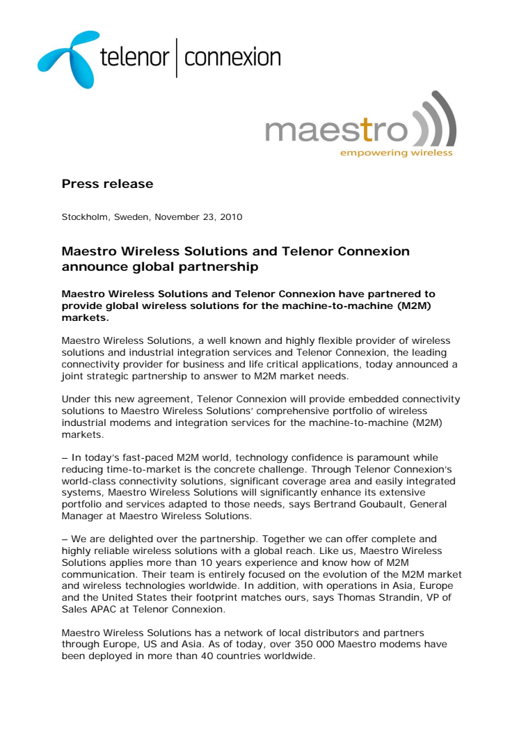 Maestro Wireless Solutions and Telenor Connexion announce global partnership