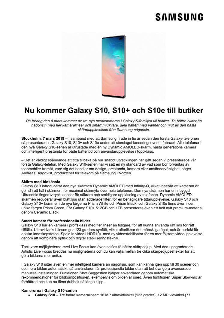 Nu kommer Galaxy S10, S10+ och S10e till butiker