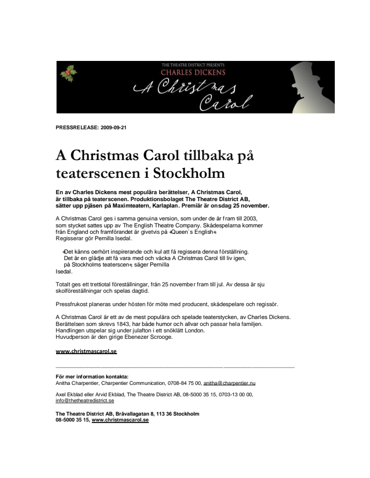 A Christmas Carol tillbaka på  teaterscenen i Stockholm