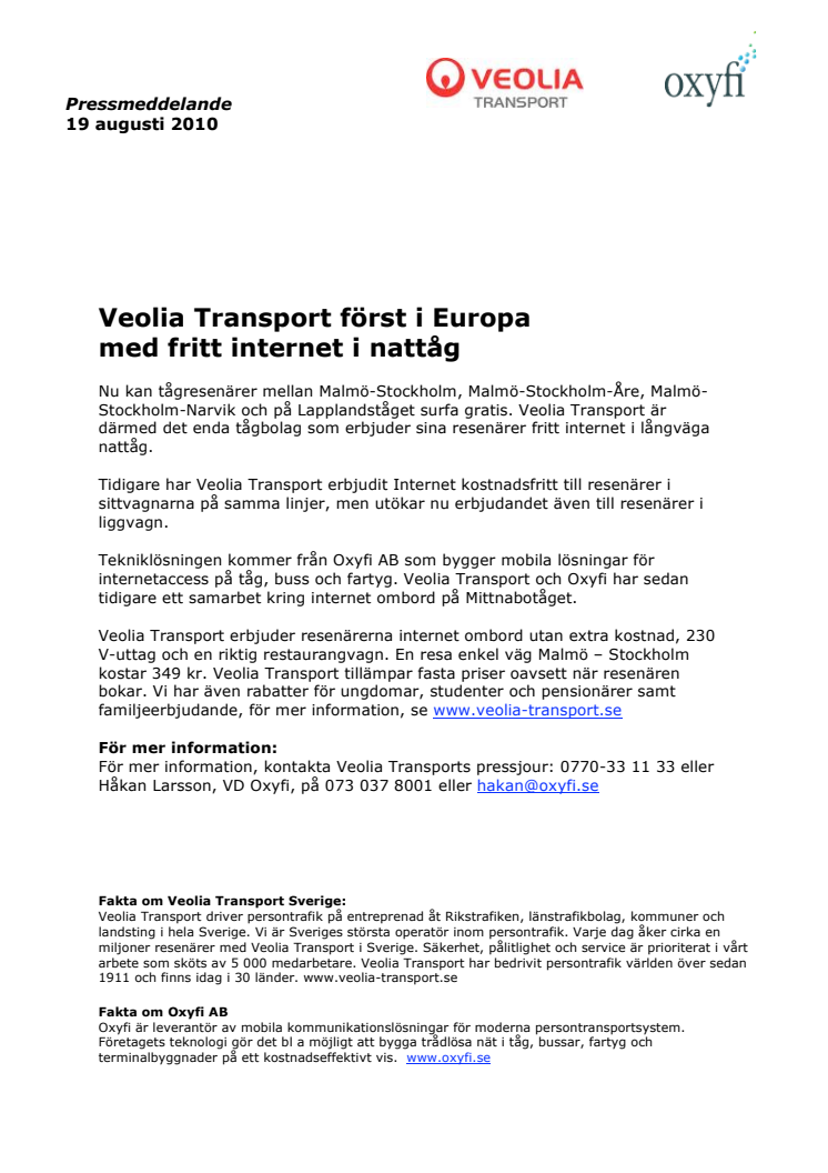 Veolia Transport först i Europa med fritt internet i nattåg
